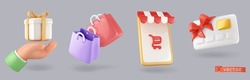 Shop, 3d render vector icon set. Gift, bag, smartphone, plastic card objects