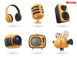 3d icon set audio and video. Headphones, microphone, speaker, camera, retro TV, film projector. Realistic render vector objects