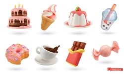 Sweet food. 3d vector icon set. Cake, ice cream, panna cotta, bubble tea, donut, cup of coffee, chocolate, candy