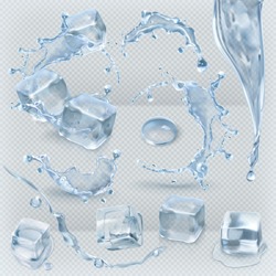 Water splashing and ice cube with transparency, 3d vector set