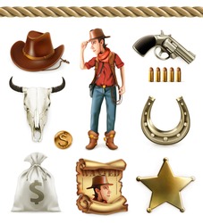 Cowboy cartoon character and objects. Western adventure 3d vector icon set