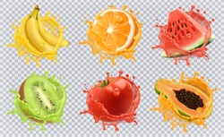 Orange, kiwi fruit, banana, tomato, watermelon, papaya juice. Fresh fruits and splashes, 3d vector icon set.