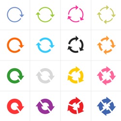 16 arrow pictogram refresh reload rotation loop sign set. Simple color web icon on white background. Modern contemporary solid plain flat minimal style. Vector illustration design elements 8 eps
