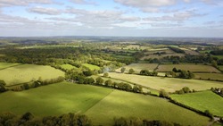 Aerial photo over countryside in rural West Berkshire, England, UK