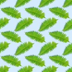Green fern leaf seamless pattern with deep shadows due to hard light on blue background