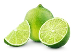 Citrus lime fruit with slice and half isolated on white background with clipping path