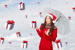 Presents falling from the sky on a woman with an umbrella