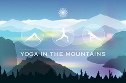 3 young woman's silhouettes practicing yoga on a mountain landscape background vector illustration
