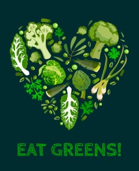 Green vegetables icon set heart shape poster vector illustration