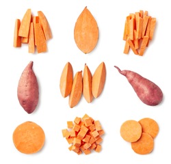 Set of fresh whole and sliced sweet potatoes isolated on white background. Top view