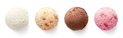 Set of four various ice cream balls or scoops isolated on white background. Top view. Vanilla, strawberry, chocolate and caramel flavor