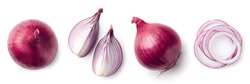 Fresh whole and sliced red onion isolated on white background, top view