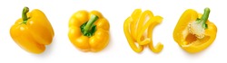 Set of fresh whole and sliced yellow sweet pepper isolated on white background. Top view