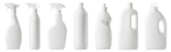 Set of different bottles of cleaning products in a row isolated on white background