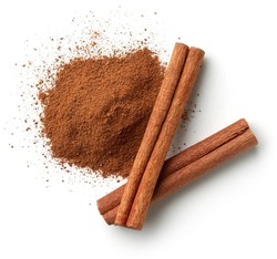 Cinnamon sticks and heap of powder isolated on white background, top view
