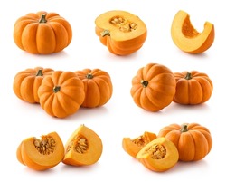Set of fresh whole, half and sliced pumpkins isolated on white background