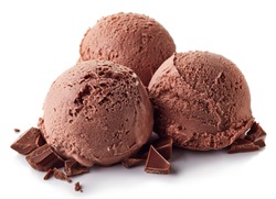 Three brown chocolate ice cream balls isolated on white background