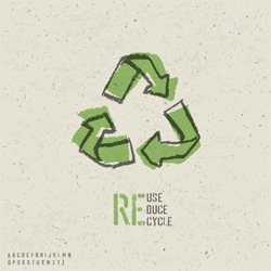 Reuse, reduce, recycle poster design.  Include reuse symbol image, seamless reuse paper texture in swatch palette and stencil alphabet. Vector, EPS10