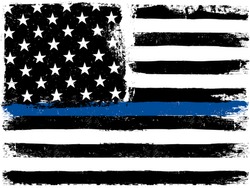 American Flag with Thin Blue Line. Grunge Aged Background. Monochrome gamut. Black and white.