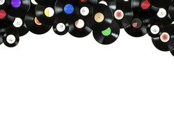 Abstract music colorful border, made of vintage vinyl records, isolated over white background, all labels designed by myself