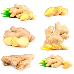 Ginger root on a white background.Collage.