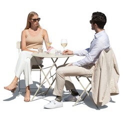 Elegant couple sitting in a street café and drinking white wine, isolated on white background