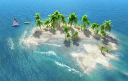 Sandy beach on a tropical island with coconut palms. Small sailboats by the shore. 3D illustration.