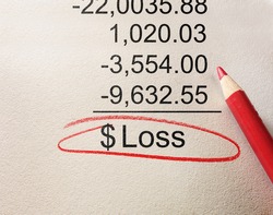 Loss circled in red with negative numbers - business loss concept                             