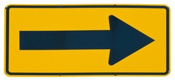 Right Arrow yellow metal road sign isolated on white