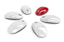 Concept image with wireless computer mouses, one red among other white mouses