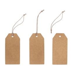 Set of blank cardboard tags isolated on white with different ropes. Without shadows, easy to use for your design.