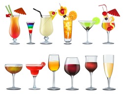 Illustration of a set of different bar glasses with wine and different cocktails decorated with fruit tubes and umbrellas.