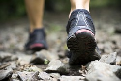 Sport shoes on trail walking in mountains, outdoors activity