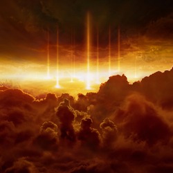 Dramatic religious background - hell realm, bright lightnings in dark red apocalyptic sky, judgement day, end of world, eternal damnation, battle of armageddon