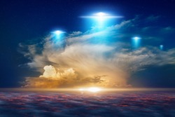 Amazing fantastic background - extraterrestrial aliens spaceship fly above clouds, ufo with blue spotlights in red glowing sky. 