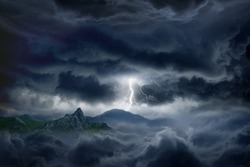 Nature force background - bright lightning in dark stormy sky in mountains