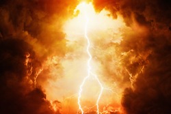 Apocalyptic dramatic background - bright lightning in dark red stormy sky, judgment day