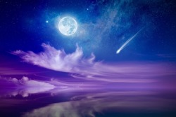 Amazing mysterious image – rising full moon, falling comet or shooting star and pink clouds above serene sea. Full moon party concept. Elements of this image furnished by NASA. 