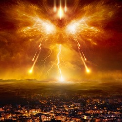 Apocalyptic religious image – armageddon battle between forces of good and evil, judgment day, end of world and times. Elements of this image furnished by NASA