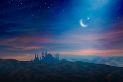Ramadan background with crescent, stars and glowing clouds above mosque on mountains. Month of Ramadan is that in which was revealed Quran. Mixed media image.