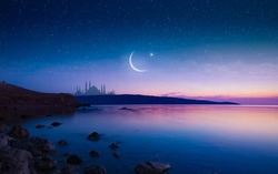 Ramadan religious background with bright crescent, stars and mosque reflected in serene sea. Month of Ramadan is that in which was revealed Quran. Mixed media image.