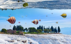 Amazing fantastic unreal world, hot air balloons fly in blue sky between white Pammukale travertines, Turkey