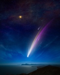 Amazing unreal background: giant colorful comet in starry sky over calm sea and mountains. Comet is icy small Solar System body. Elements of this image furnished by NASA.