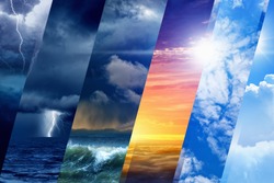 Weather forecast background - variety weather conditions, bright sun and blue sky; dark stormy sky with lightnings
