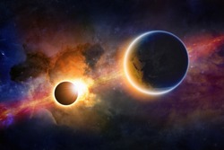 Abstract scientific background - glowing planet Earth in space, solar eclipse, nebula and stars. Elements of this image furnished by NASA nasa.gov