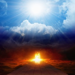 Dramatic religious background - bright light from heaven, burning doorway in dark red sky, road to hell, way to hell, heaven and hell