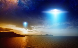 Amazing fantastic background - extraterrestrial aliens spaceship fly above sunset sea, ufo in red glowing sky. Elements of this image furnished by NASA