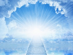 Peaceful heavenly background - light from heaven, staircase to heaven, light of hope in blue skies