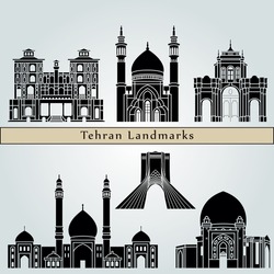 Tehran landmarks and monuments isolated on blue background in editable vector file