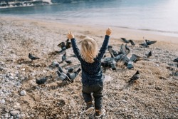 Little girl walks with raised hands along the seashore to the pigeons. Back view